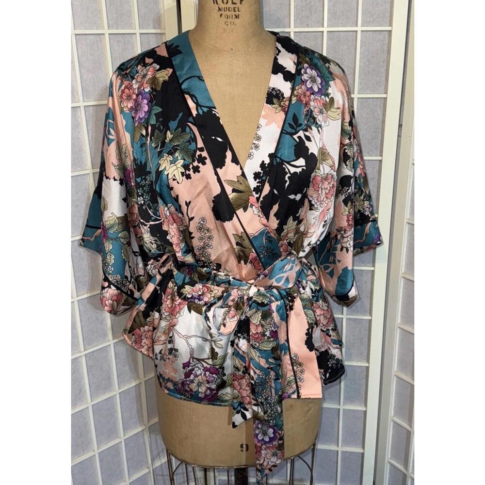 Guess Y2K Kimono Wrap Top Pink Blue Black Boho Peplum Bold Floral Soft Dramatic